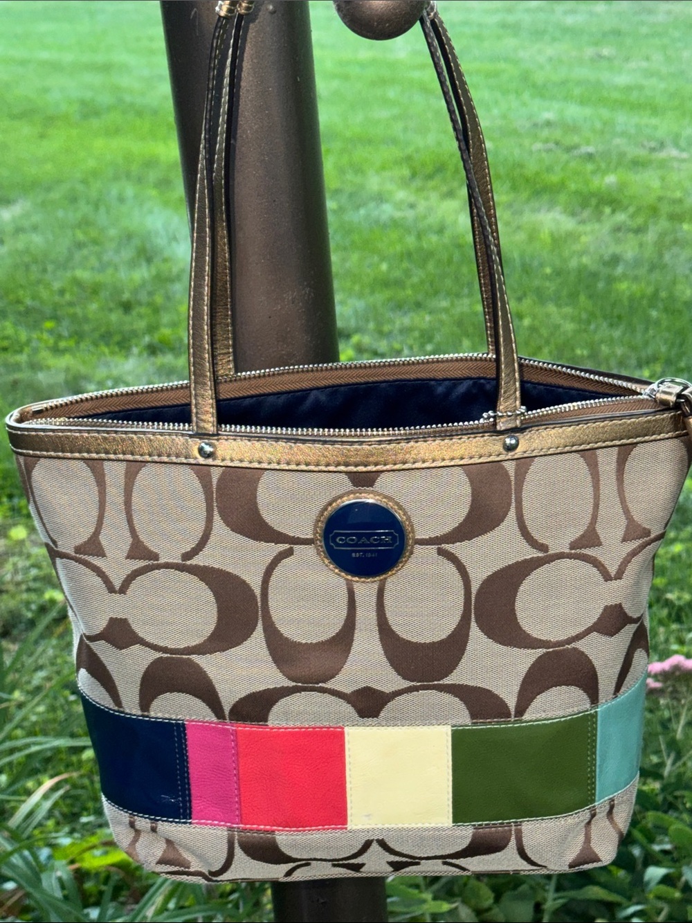 Coach Signature Canvas Tote with Multicolor Accent - Brown/Beige - Picture 3 of 14